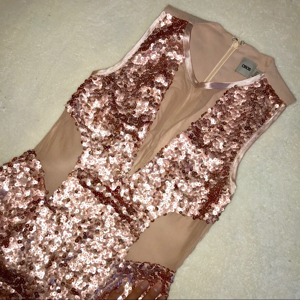 Rose Gold Sequined Party Dress with Mesh Inserts